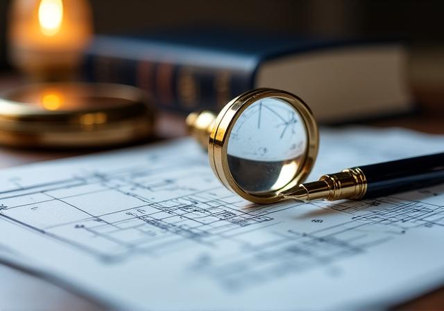 Professional legal compliance desk with magnifying glass and architectural documents